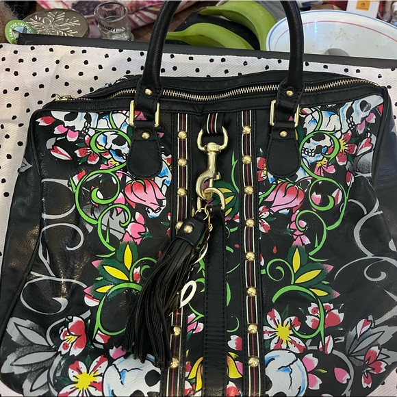 ED HARDY Bag - Gold Tone - Multi Tattoo Heart Skull Tattoo - black vegan leather - Picture 6 of 7